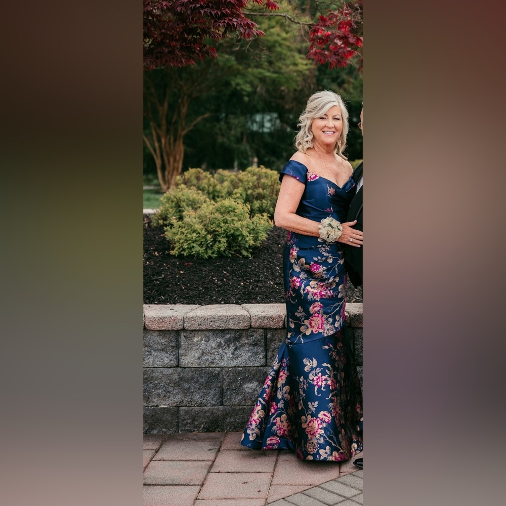Navy Floral Off-Shoulder Wedding Dress - Picture 4 of 4